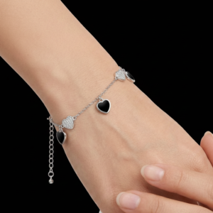 Adorable Silver Heart Charms Moissanite Ladies Bracelet