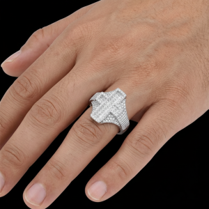 Iced Out Baguette Cross Silver Moissanite Ring