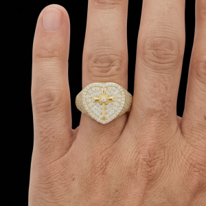 Blinged Out Heart Shaped Cross Yellow Polished Moissanite Ring