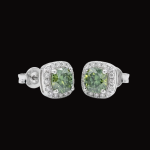 Stunning Green Center w/ Halo Silver Moissanite Stud Earrings
