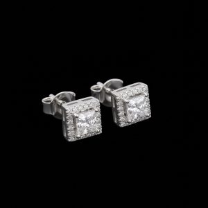 Blinged Out Square Princess Cut Halo Silver Stud Earrings