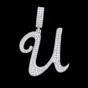 Iced Out Cursive 'U' Silver Moissanite Pendant