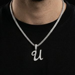 Iced Out Cursive 'U' Silver Moissanite Pendant