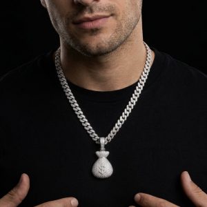 Iced Out Money Bag Silver Moissanite Pendant